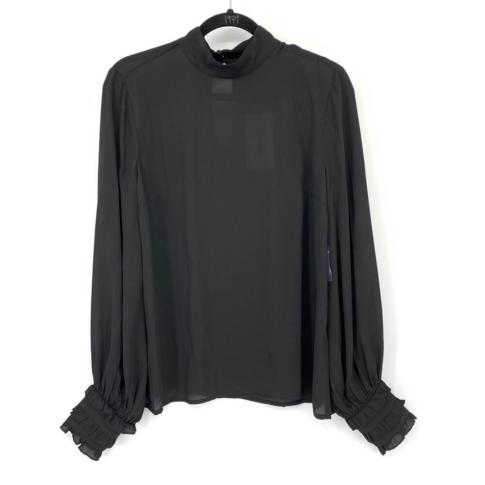 ModCloth Black Mock Neck Tiered Ruffle Cuff Semi Sheer Blouse Top Womens M NEW